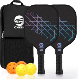 Pickleball Paddles Set of 2, USAPA Approved Carbon Fiber Pickle Ball Paddle (CHS) Polypropylene Honeycomb Core, Anti Slip Sweat Absorbing Grip, 2 Outdoor Pickleball, 2 Indoor Pickleball, Bag