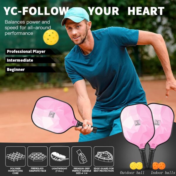 YC DGYCASI Pickleball Paddles Set of 2, 2025 USAPA Approved Fiberglass Pickleball Set, Lightweight Pickle Ball Rackets 2 Pack, 2 Outdoor Pickleball Balls, 2 Indoor Balls, 1 Bag, Pink