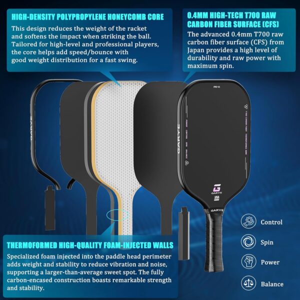 GARYE Pickleball Paddles, 16MM T700 Thermoformed Raw Carbon Fiber Pickleball Paddle, Great Grit & Spin, USAPA Approved PRO-XL Pickle Ball Rackets Set with Power, Control and Balance, 1 Cover
