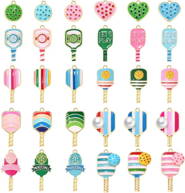 30PCS Pickleball Charms for Jewelry Making, Pickleball Necklace Bracelet Earrings Making Charms Bulk, Enamel pickleball Paddle Pendant Charm for DIY pickleball Accessories Crafts Jewelry Gifts