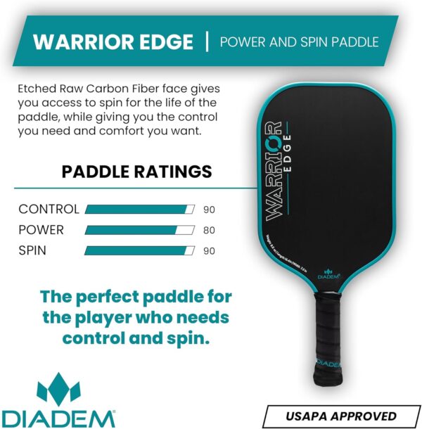 Diadem Warrior Edge Pickleball Paddles | Etched Carbon Face for Max Spin, 16mm Aero Guard, Comfort Max Grip, 16mm Honeycomb Core, Midweight 8oz | Indoor/Outdoor | USAPA Approved