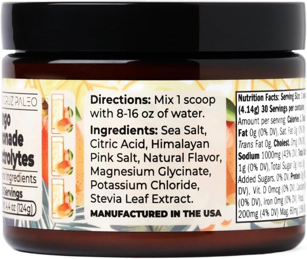 Santa Cruz Paleo Electrolyte Powder Mango Lemonade with Himalayan & Sea Salt, Magnesium, Potassium, Sugar-Free, 30 Servings