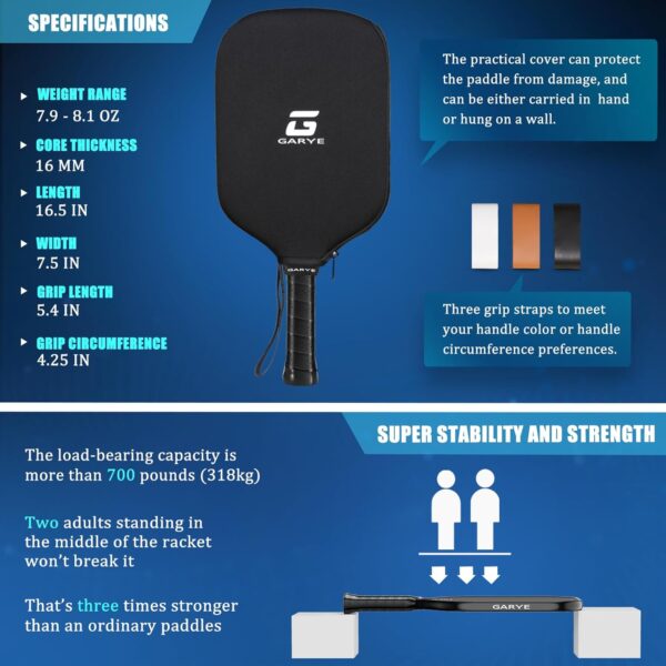 GARYE Pickleball Paddles, 16MM T700 Thermoformed Raw Carbon Fiber Pickleball Paddle, Great Grit & Spin, USAPA Approved PRO-XL Pickle Ball Rackets Set with Power, Control and Balance, 1 Cover