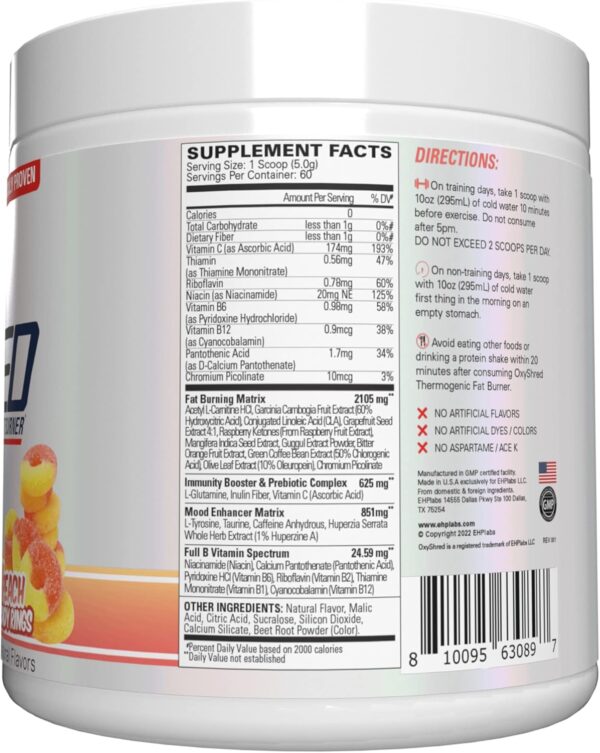 EHP Labs OxyShred Pre Workout Powder - Preworkout Powder with L Glutamine & Acetyl L Carnitine, Energy Boost Drink - Peach Candy Rings, 60 Servings