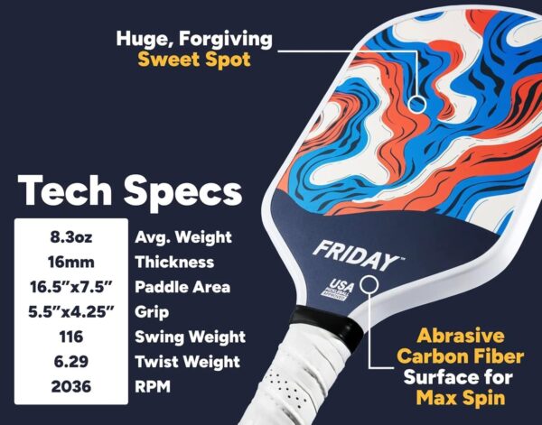 Friday Pickleball Paddle, USA Pickleball Approved, Durable Carbon Fiber, Thermoformed Unibody Design, Honeycomb Core, Gritty Surface for Spin
