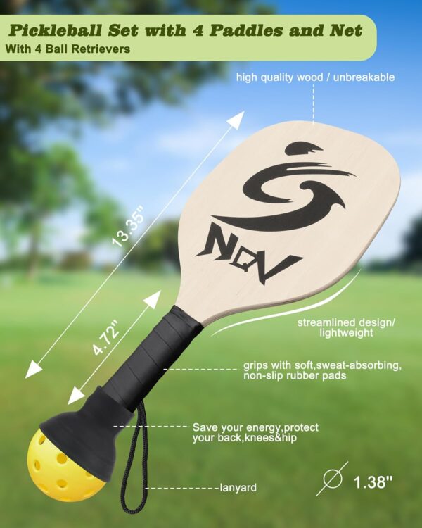NQV Pickleball Set with Net,10FT Half Court Size Pickleball Net Portable Outdoor Indoor Driveway Home+4 Wood Paddles+4 Pickle Balls+4 Ball Retrievers, Pickleball Set for Adults Kids Beginners Pros