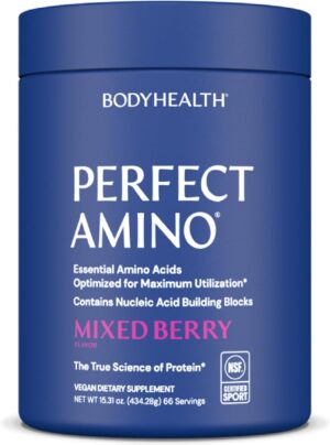 BodyHealth PerfectAmino Powder - BCAA and EAA Powder for Pre and Post Workout - Amino Acid Energy Drink to Support Lean Muscle and Recovery - NSF Certified for Sport - Mixed Berry - 66 Servings