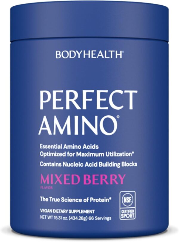 BodyHealth PerfectAmino Powder - BCAA and EAA Powder for Pre and Post Workout - Amino Acid Energy Drink to Support Lean Muscle and Recovery - NSF Certified for Sport - Mixed Berry - 66 Servings