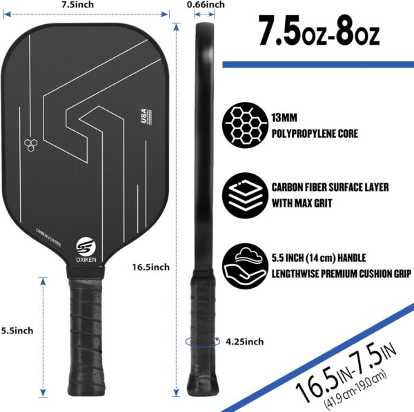 OXIKEN 10/13/16 mm Pickleball Paddles 2025 USAPA Approved T700 Carbon Fiber Pickle Paddle (CFS), High Grit & Spin, Honeycomb Core, 5.5” Elongated Handle, Anti Slip Sweat Absorbing Grip with Cover Case