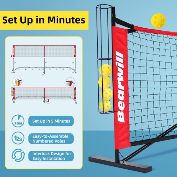 Pickleball Net, 22 FT Pickleball Net for Driveway, Regulation Size Portable Pickle Ball Net for Outdoor Backyard, Steady Metal Frame with Court Marker, Ball Holder, 4 Pickleballs & Carry Bag