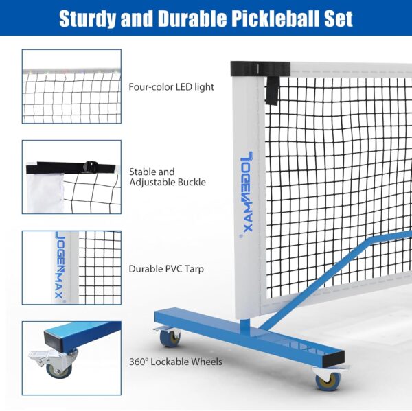 Portable Pickleball Net System with Lockable Wheels, Metal Frame Pickleball Court with LED Light, Regulation Size Net with Durable Carrying Bag, and 4 Pickleball Rackets.