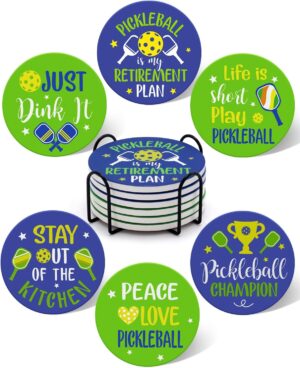 Pickleball Gifts for Women Men Pickleball Lovers 6Pcs Coasters for Drinks Absorbent Ceramic Stone Coasters with Metal Holder Stand Cup Placemat Funny Christmas Pickleball Gift Idea Home Decor