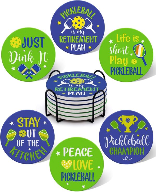 Pickleball Gifts for Women Men Pickleball Lovers 6Pcs Coasters for Drinks Absorbent Ceramic Stone Coasters with Metal Holder Stand Cup Placemat Funny Christmas Pickleball Gift Idea Home Decor