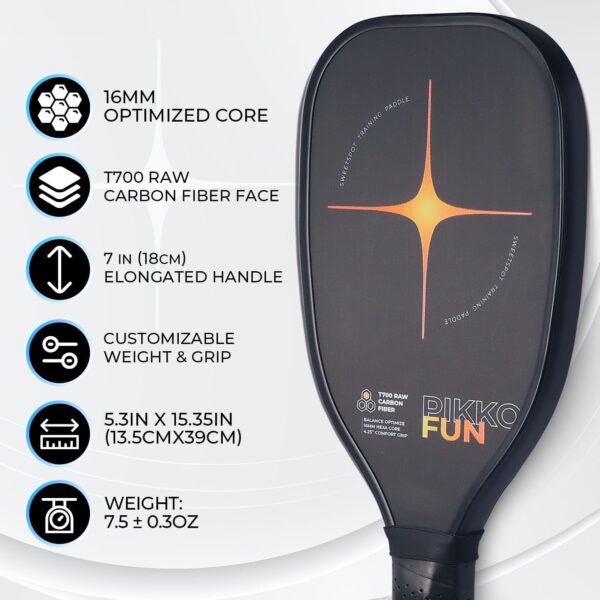 PIKKOFUN Pickleball Training Paddle Kit - Includes 10 Lead Bars & Overgrip for Customizable Weight - T700 Carbon Fiber Pickleball Trainer for Sweet Spot Practice - Extra Long Handle - 16mm Quiet Core