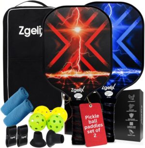 Pickleball Paddles Set - Lightweight Fiberglass Paddles (7.88 Oz) with Sweat-Absorbing Anti-Slip Grip - Complete Set with Balls, Cooling Towels, Grip Tape, Ball Retrievers & Durable Carry Bag