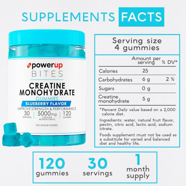 Creatine Monohydrate Gummies Blueberry for Men & Women, 100% Creatine Blueberry Gummies, 5g per Serving + Vegan, Sugar Free + Strength, Energy, Muscle & Booty Gain - 120 Count
