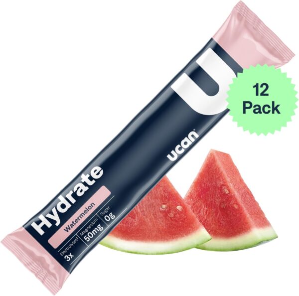 UCAN Hydrate Electrolyte Drink Mix (Watermelon, 12 Stickpacks) Sugar-Free, Keto-Friendly, Vegan, Non-GMO, Gluten-Free Electrolyte Powder with Potassium & Magnesium for Runners & Athletes