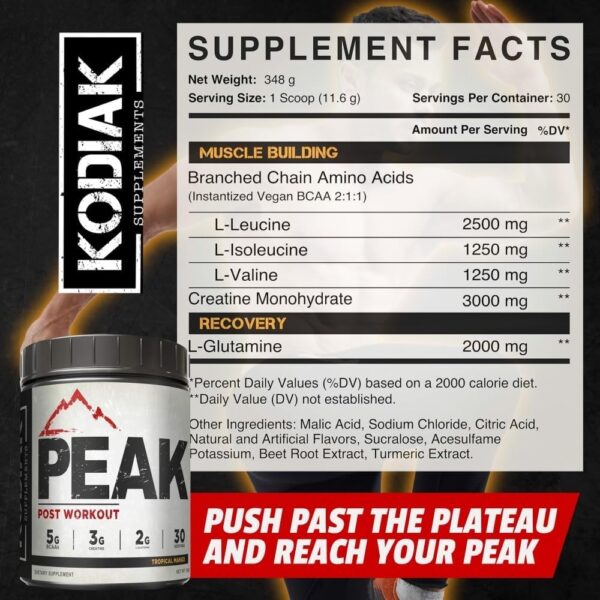 Creatine 3G Peak Post Workout Recovery Powder - 5G BCAA 2:1:1 - Glutamine 2G - Creatine Monohydrate Muscle and Strength Building Supplement - 30 Servings - Tropical Mango