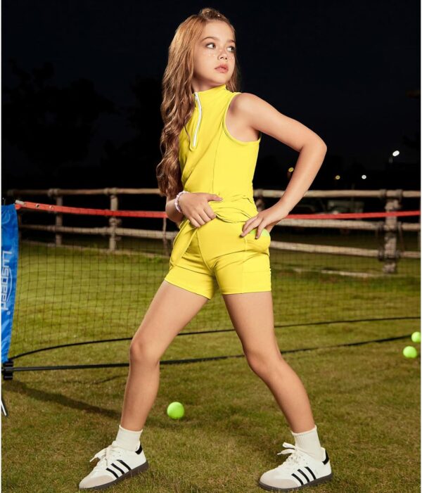 Perfashion Girls Tennis Dress 1/4 Zip Golf Outfit Built-in Bra & Shorts Athletic Dress Workout and Pockets 4-13Y