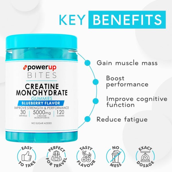 Creatine Monohydrate Gummies Blueberry for Men & Women, 100% Creatine Blueberry Gummies, 5g per Serving + Vegan, Sugar Free + Strength, Energy, Muscle & Booty Gain - 120 Count