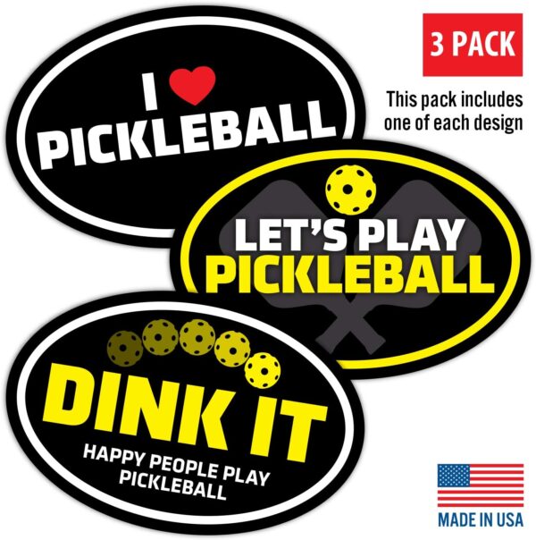 Pickleball Car Magnets - 3 Pack (Includes one of Each Design) - 6"x4" Magnets - Made in USA - for Indoor or Outdoor use.