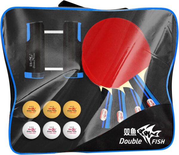 Double Fish Ping Pong Paddle Set of 4, 6 Ping Pong Balls ITTF Approval Professional 3-Star WTT, Carrying Storage Case, Table Tennis Sets for Training, Game, Family Fun