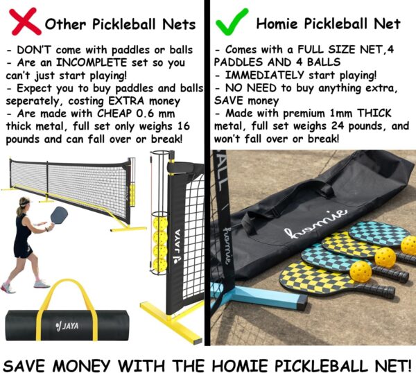 Homie Portable Pickleball Net Set with 4 Paddles, 4 Balls, Backpack Carrying Bag, 22 FT Regulation Size, Easy Setup for Outdoor Indoor, Weather Resistant Metal Frame