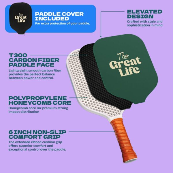 Premium Pickleball Paddle | Carbon Fiber | Beginner Friendly | 6in. Handle | Honeycomb Core | Lightweight | Single Paddle + Paddle Cover Included | Retro & Stylish