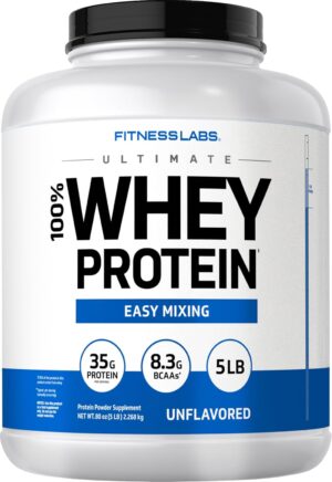Fitness Labs Whey Protein Powder Unflavored | 5 lbs | 80 oz | Easy Mix Ultimate Supplement | Non-GMO, Gluten Free