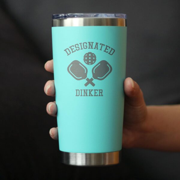 Designated Dinker - Insulated Coffee Tumbler Cup with Sliding Lid - Stainless Steel Insulated Mug - Funny Pickleball Themed Gifts and Decor - Teal