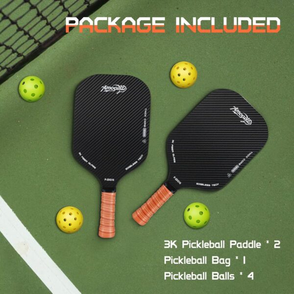 Pickleball Set of 2, Edgeless Pickleball Paddles with Real 3K Carbon Surface for Spin & Control, 16MM Enhanced Pickle Ball Paddles Set with Balls