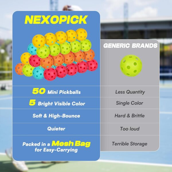 Mini Pickleball Balls 50-Pack with 5 Bright Colors - Soft Quiet Pickleball Balls for Improve Accuracy, Paddle Control & Reflex Skills - Essential Pickleball Training Tools for All Players