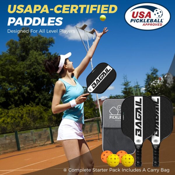 BAGAIL Pickleball Paddles, USAPA Carbon Fiber Pickleball Sets, Lightweight Pickle Ball Rackets, Graphite Textured Surface, 16mm Honeycomb Core for Ultimate Spin and Control, Include 4 Balls and 1 Bag