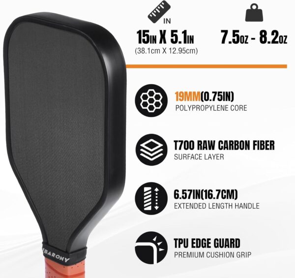 Pickleball Training Paddle, 7.6-8.2oz Pickleball Trainer 14/16/19mm, Raw Carbon Fiber Sweet Spot Pickle Ball Paddle with Paddle Cover, Extra Long Handle for Men Women, Shot and Spin Frosted Surface