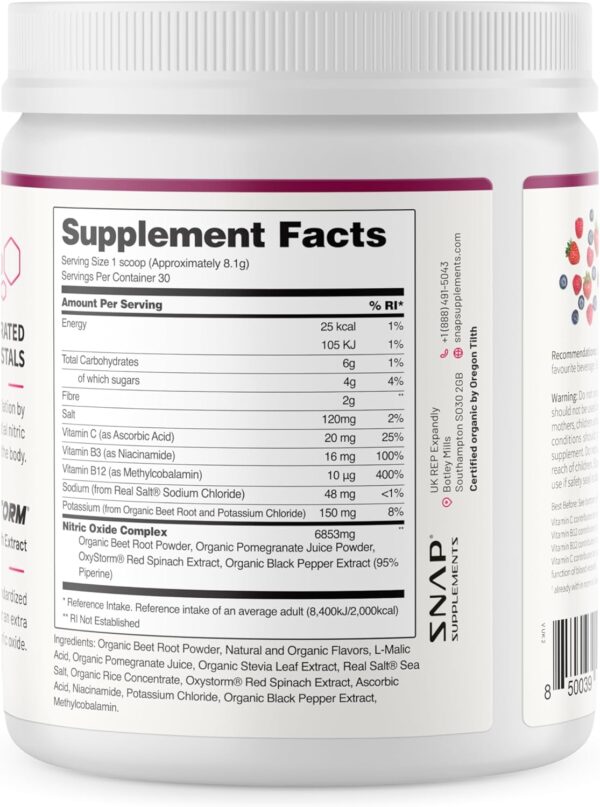 Snap Supplements Organic Beet Root Powder, Nitric Oxide Superfood Supplement with Beets, B Vitamins, Pomegranate & Red Spinach for Energy, Heart Health & Circulation Support, 30 Servings, Mixed Berry