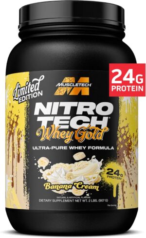 MuscleTech Whey Protein Powder (Banana Cream, 2LB) - Nitro-Tech Whey Protein Isolate Smoothie Mix for Lean Muscle & Fast Recovery - 24g of Whey Gold Protein for Women & Men - Gluten-Free