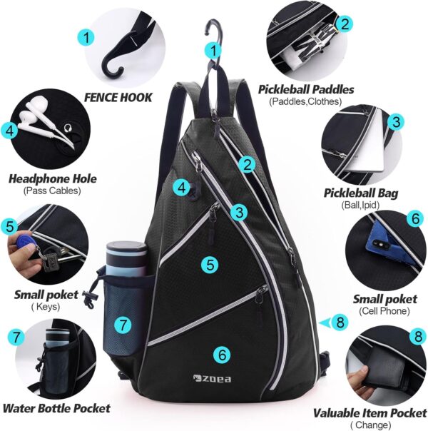 ZOEA Pickleball Bag, Sport Pickleball Sling Bag for Women Man, Adjustable Pickleball Backpack with Fence Hook Water Bottle Holder, Fits 4 Paddles and All Your Other Gear