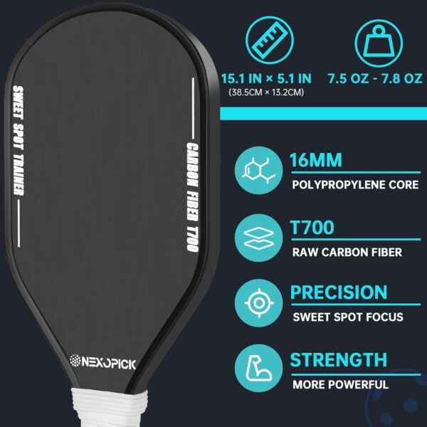 Pickleball Training Paddle, Sweet Spot Pickleball Trainer, T700 Raw Carbon Fiber with Frosted Surface, 16mm Core Mini Pickle Ball Practice Paddle, Extra Long Handle for Shot, Swing Training