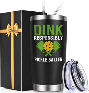 Lifecapido Dink Responsibly 20 oz Insulated Tumbler With Lid - Pickleball Gift for Players, Lovers, Coach - Birthday - Black