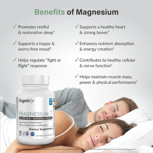 Organixx Magnesium Glycinate Supplement for Support Sleep, Muscle & Heart Health, 7 Type Magnesium Complex with Vitamin B6, Manganese Citrate, Gluten Free, Vegan, Non GMO, High Absorption, 60 Capsules