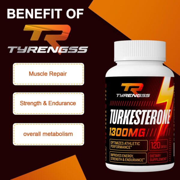 Testosterone Booster, Turkesterone Supplement 1300mg Ultra High Strength (Ajuga Turkestanica Extract Std. to 20% Testosterone), for Athletic Performance & Muscle Mass,120 Capsules