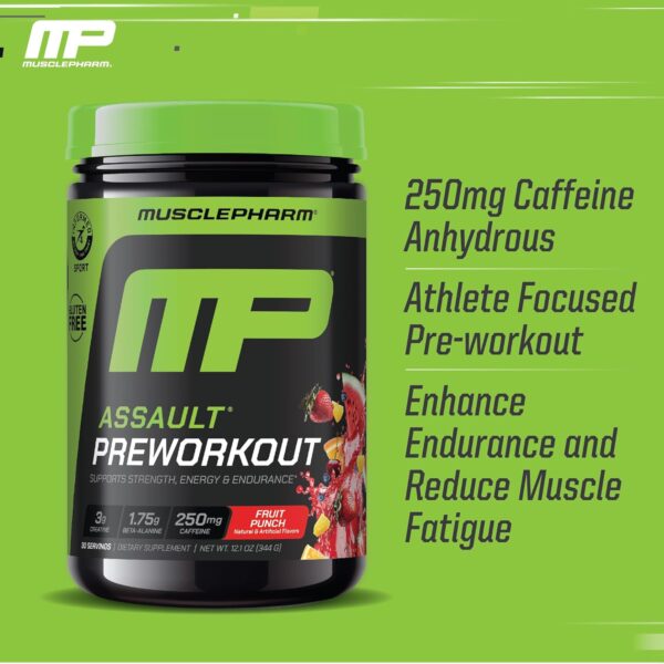 Muscle Pharm Assault Energy & Strength Pre Workout Powder for Men & Women with Beta Alanine, Caffeine, Creatine & Betaine Anhydrous, Pre-Workout Supplements, 30 Servings, Fruit Punch Flavor