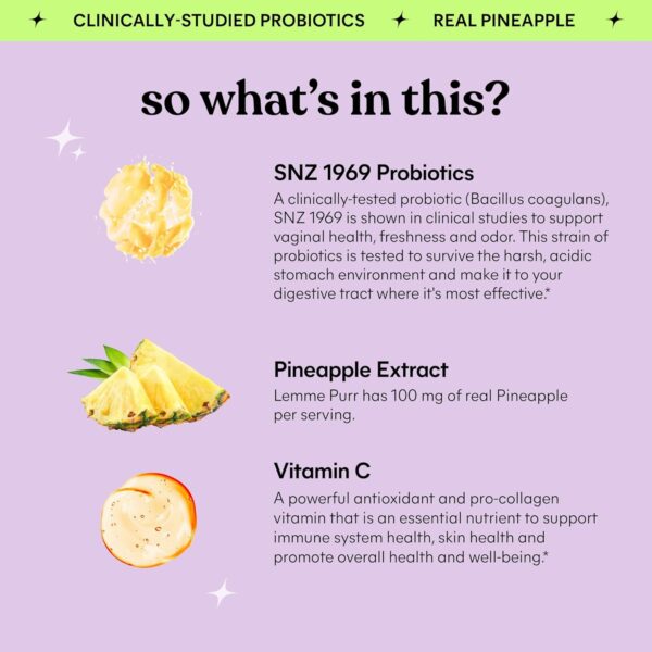 Lemme Purr Vaginal Probiotic Gummies for Women - Balanced pH, Healthy Odor, Yeast Balance & Flora Support + Vitamin C for Immune Health - Tasty Pineapple (60 Count)