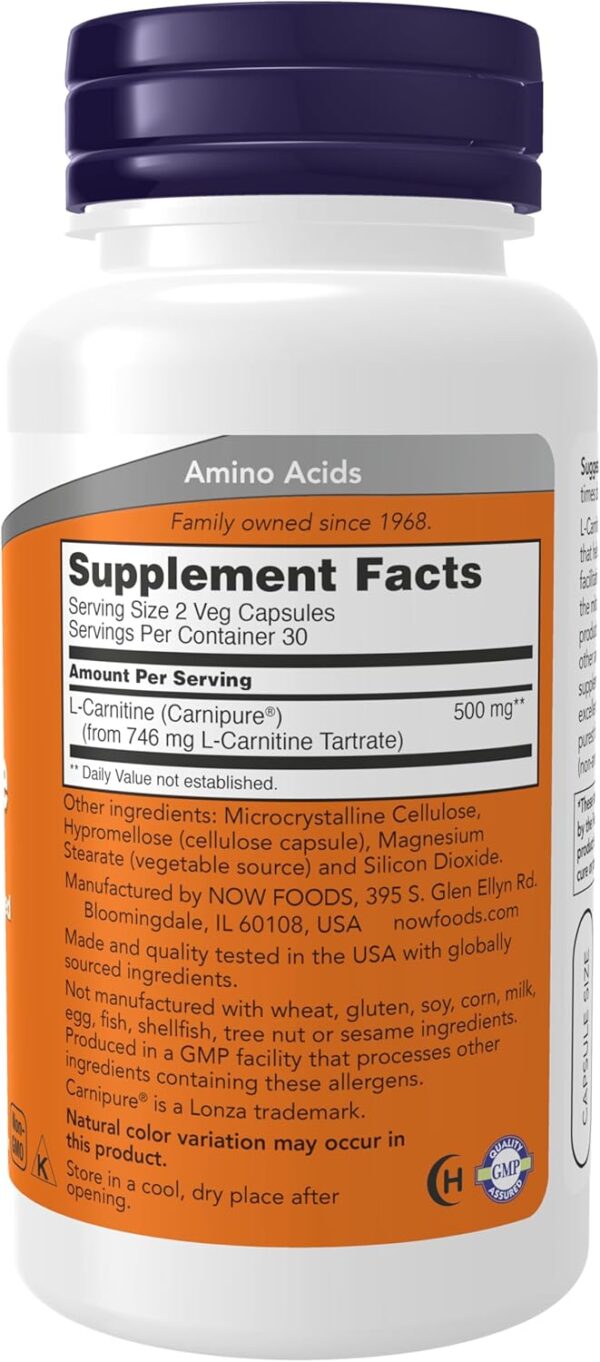 NOW Foods Supplements, L-Carnitine 250 mg, Purest Form, Amino Acid, Fitness Support*, 60 Veg Capsules