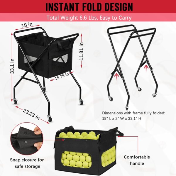 Pickleball Tennis Ball Hopper Tennis Basket Foldable Pickleball Ball Holder Caddy with Wheels Removable Bag Portable Tennis Ball Picker Cart Holds 170 Tennis Balls or 140 Pickleballs