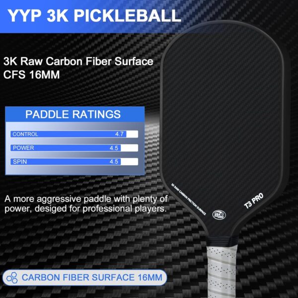 YYP Pickleball Paddles, 3K Raw Carbon Fiber Pickleball Paddle with High Grit & Spin, Ultra-Light Design, 16MM Polypropylene Honeycomb Core, Perfect for Professional Players