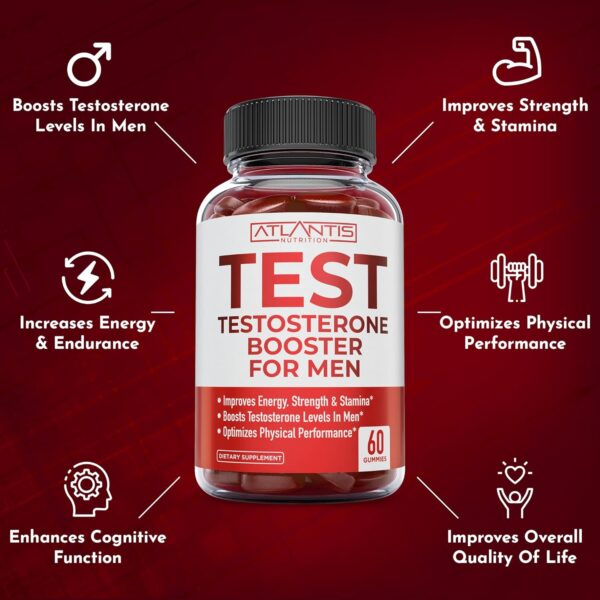 Atlantis Nutrition Testosterone Booster For Men Gummies - Male Enhancement, Boosts Energy, & Optimizes Physical Performance Formulated w/Tribulus, Horny Goat Weed, Saw Palmetto, Maca Root - 60 Gummies