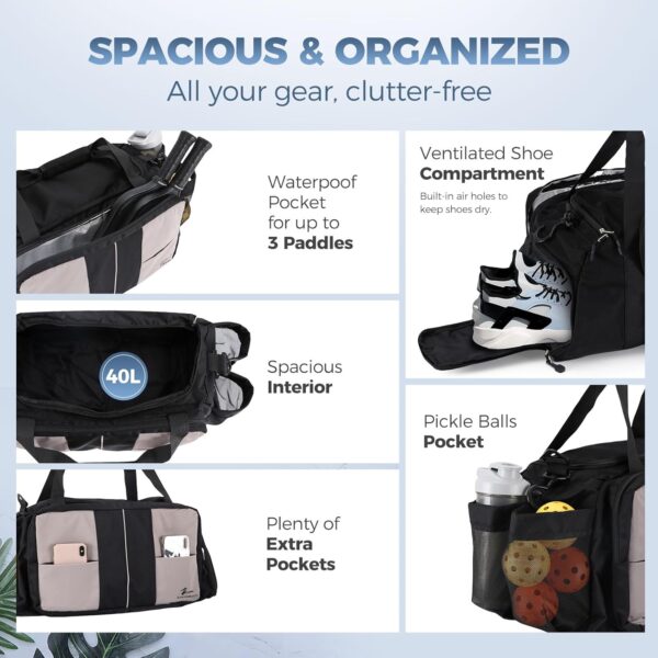 ZUMWORGION® Pickleball Bag for Men & Women – 40L Duffle Bag with Thermal Paddle Pocket, Shoe Compartment, Fence Hooks, Mesh Ball Holders – Water-Resistant Pickle Ball Bag for Travel, Gym, Tournaments