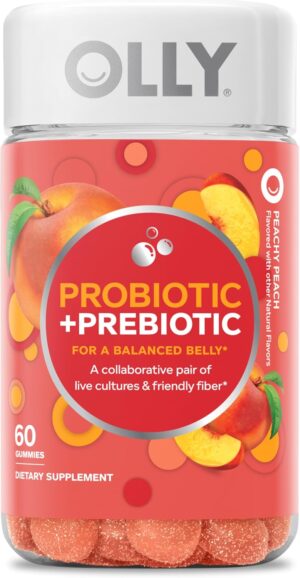 OLLY Probiotic + Prebiotic Gummy, Digestive Support and Gut Health, 500 Million CFUs, Fiber, Adult Chewable Supplement for Men and Women, Peach, 60 Day Supply - 60 Count
