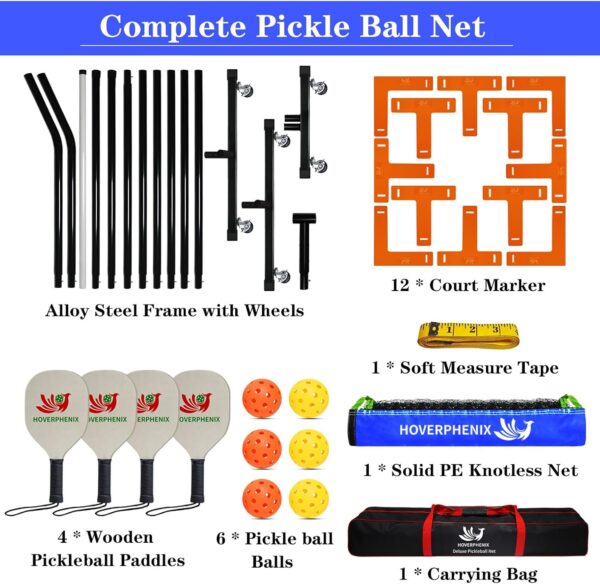 Hoverphenix Pickleball Net for Driveway, 22FT Regulation Size Pickleball Net with Paddles Set of 4, Pickleballs and Carry Bag for Outdoor Indoor Game